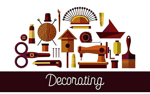 Decorating handicraft tools and art design instruments icons for hobby poster. Vector creative craft workshop or DIY for handmade painting, knitting or tailoring and origami or woodwork decor studio